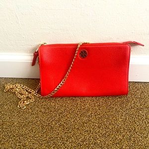 Tory Burch, small crossbody in bright orange red. 6 card slots inside.